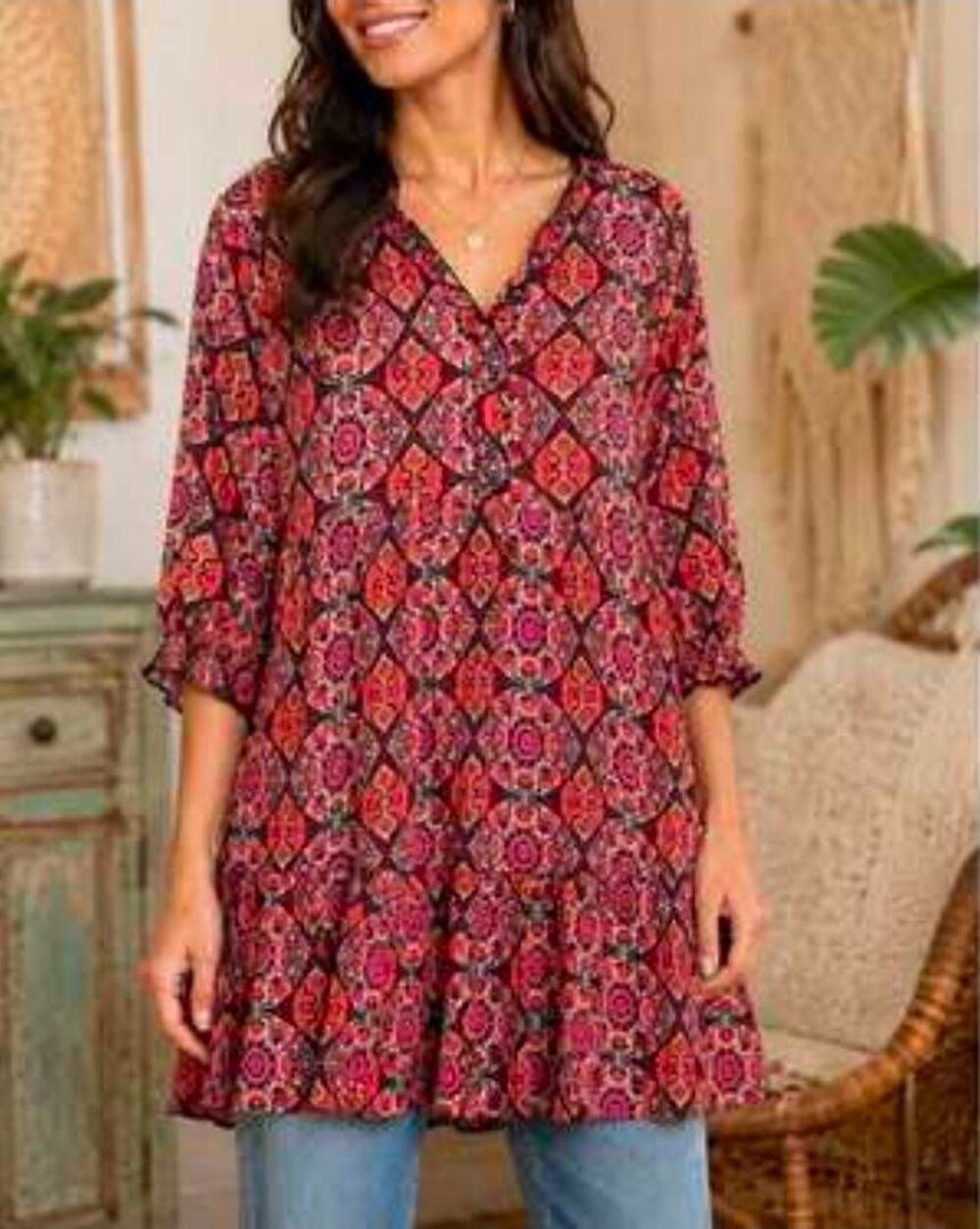 Natural Life Boho Damask Lettuce Neckline Mini Shift Shirt Dress Tunic Sz. S